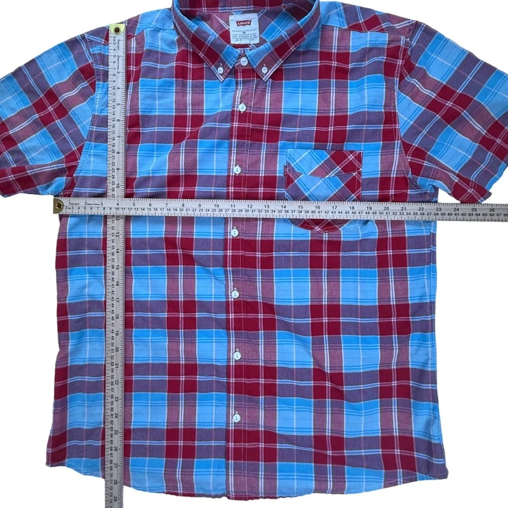 Levis Mens XXL Red Blue Plaid Short Sleeve Button Down Shirt‎ RN 117508
